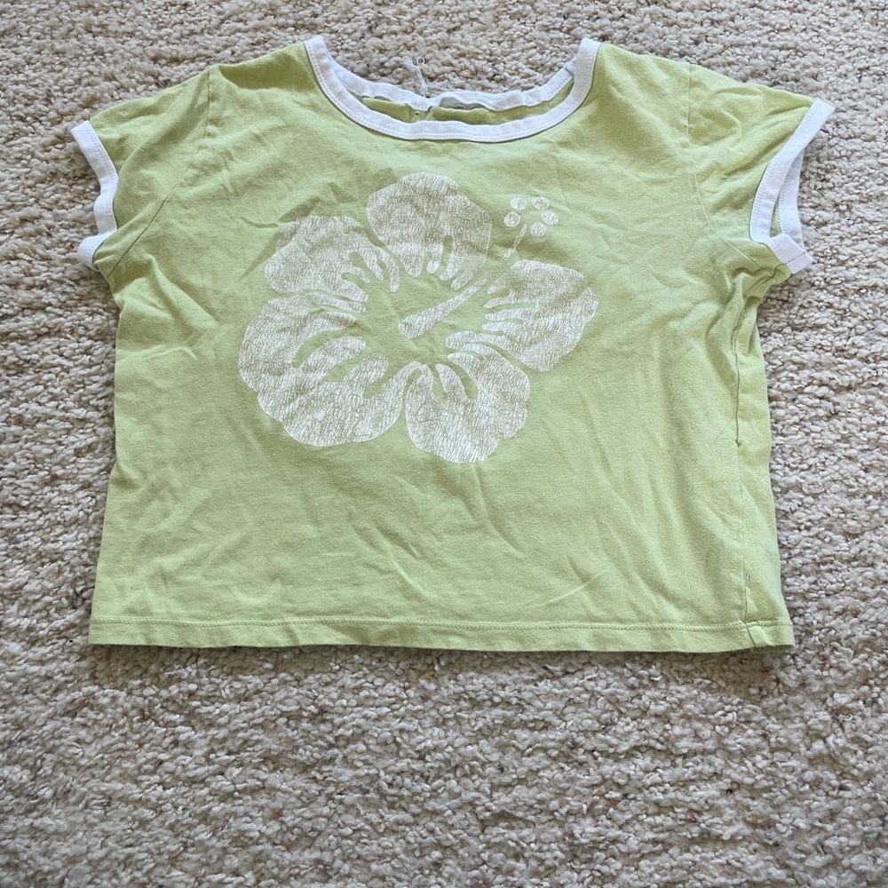 Hollister Green and White Short Sleeve Tee with Floral Design